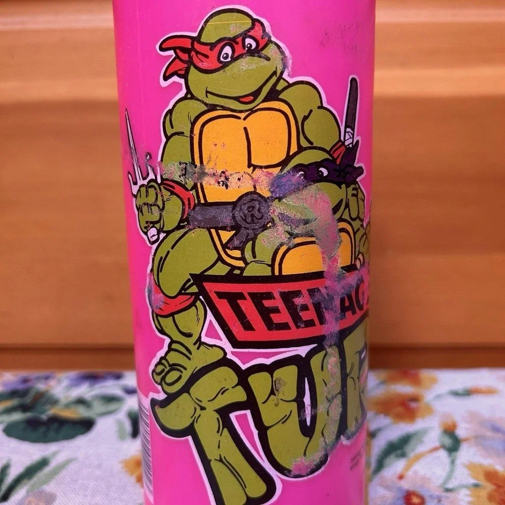 VTG 80s TMNT Teenage Mutant Ninja Turtles Water Bottle Straw Cap Pink Retro GLOW